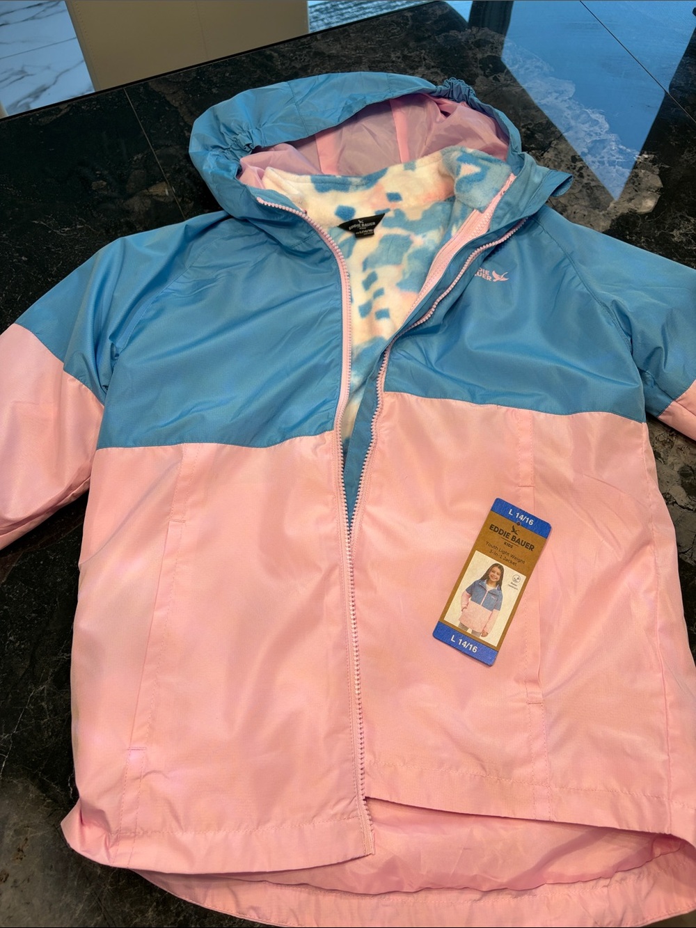 Eddie Bauer Kids Hooded Colorblock Raincoat in Pink and Light Blue